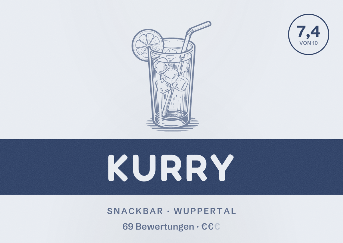 Illustriertes Poster von Kurry, Snackbar in Wuppertal: Bewertung 7,4 von 10 aus 69 Bewertungen, Preisniveau €€