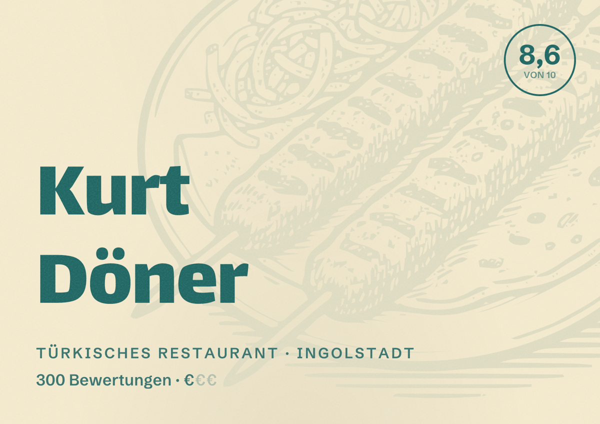 Illustriertes Poster von Kurt Döner, Türkisches Restaurant in Ingolstadt: Bewertung 8,6 von 10 aus 300 Bewertungen, Preisniveau €