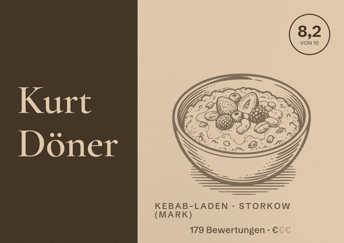 Illustriertes Poster von Kurt Döner, Kebab-Laden in Storkow (Mark): Bewertung 8,2 von 10 aus 179 Bewertungen, Preisniveau €