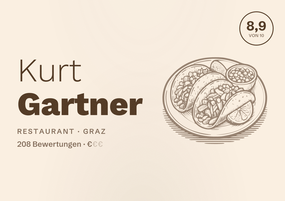 Illustriertes Poster von Kurt Gartner, Restaurant in Graz: Bewertung 8,9 von 10 aus 208 Bewertungen, Preisniveau €