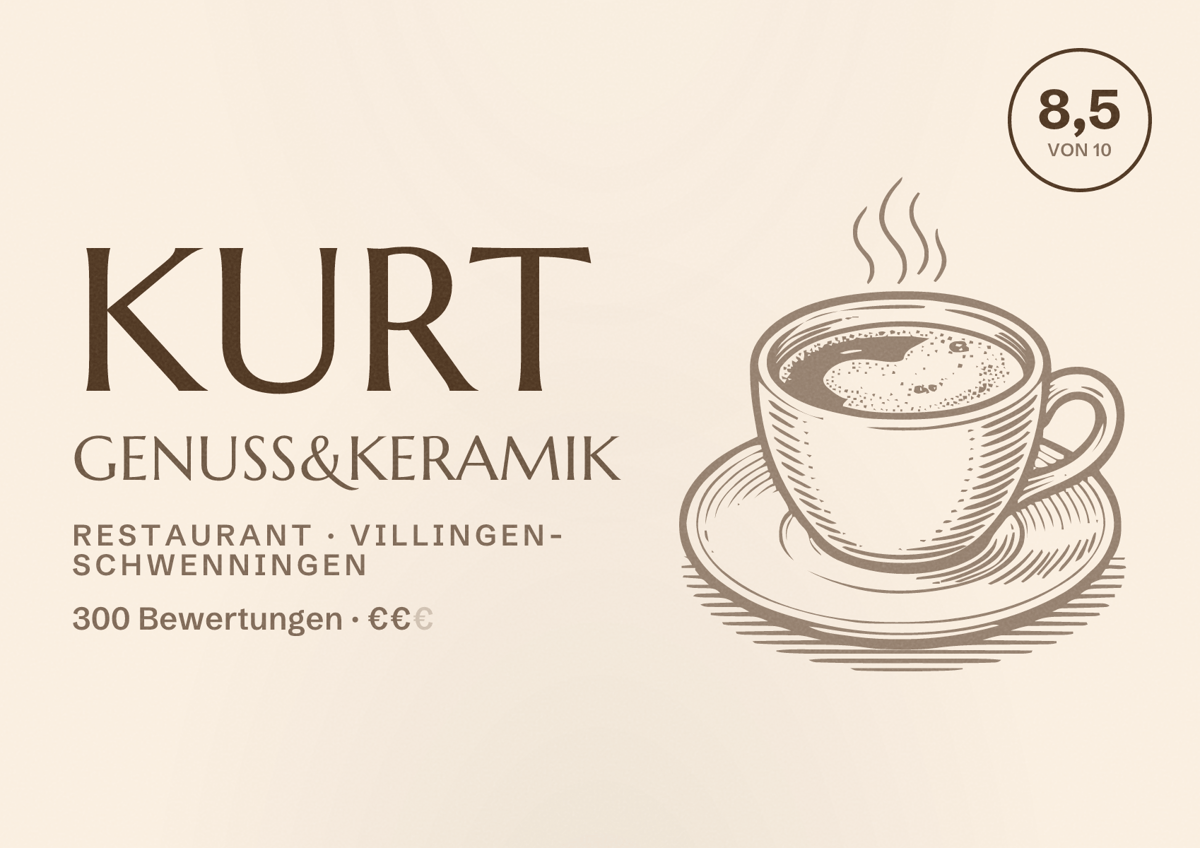 Illustriertes Poster von Kurt genuss&keramik, Restaurant in Villingen-Schwenningen: Bewertung 8,5 von 10 aus 300 Bewertungen, Preisniveau €€