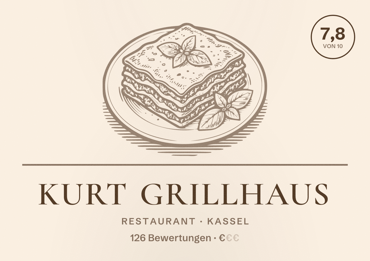 Illustriertes Poster von Kurt Grillhaus, Restaurant in Kassel: Bewertung 7,8 von 10 aus 126 Bewertungen, Preisniveau €