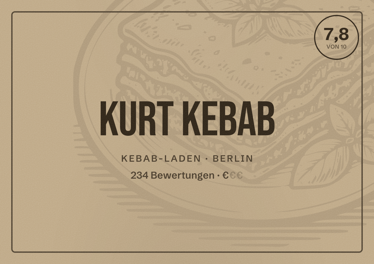 Illustriertes Poster von Kurt Kebab, Kebab-Laden in Berlin: Bewertung 7,8 von 10 aus 234 Bewertungen, Preisniveau €
