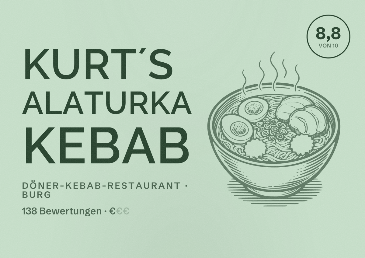 Illustriertes Poster von Kurt´s Alaturka Kebab, Döner-Kebab-Restaurant in Burg: Bewertung 8,8 von 10 aus 138 Bewertungen, Preisniveau €