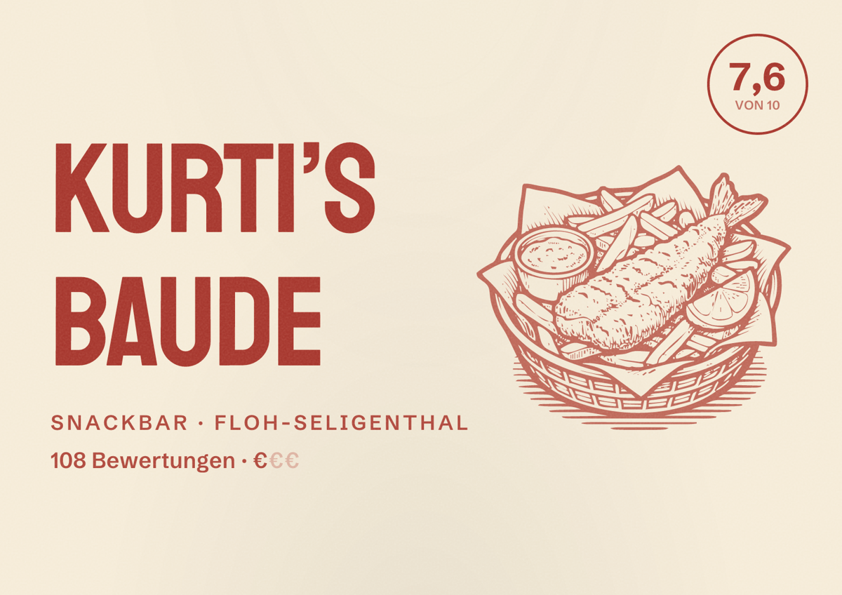 Illustriertes Poster von Kurti’s Baude, Snackbar in Floh-Seligenthal: Bewertung 7,6 von 10 aus 108 Bewertungen, Preisniveau €