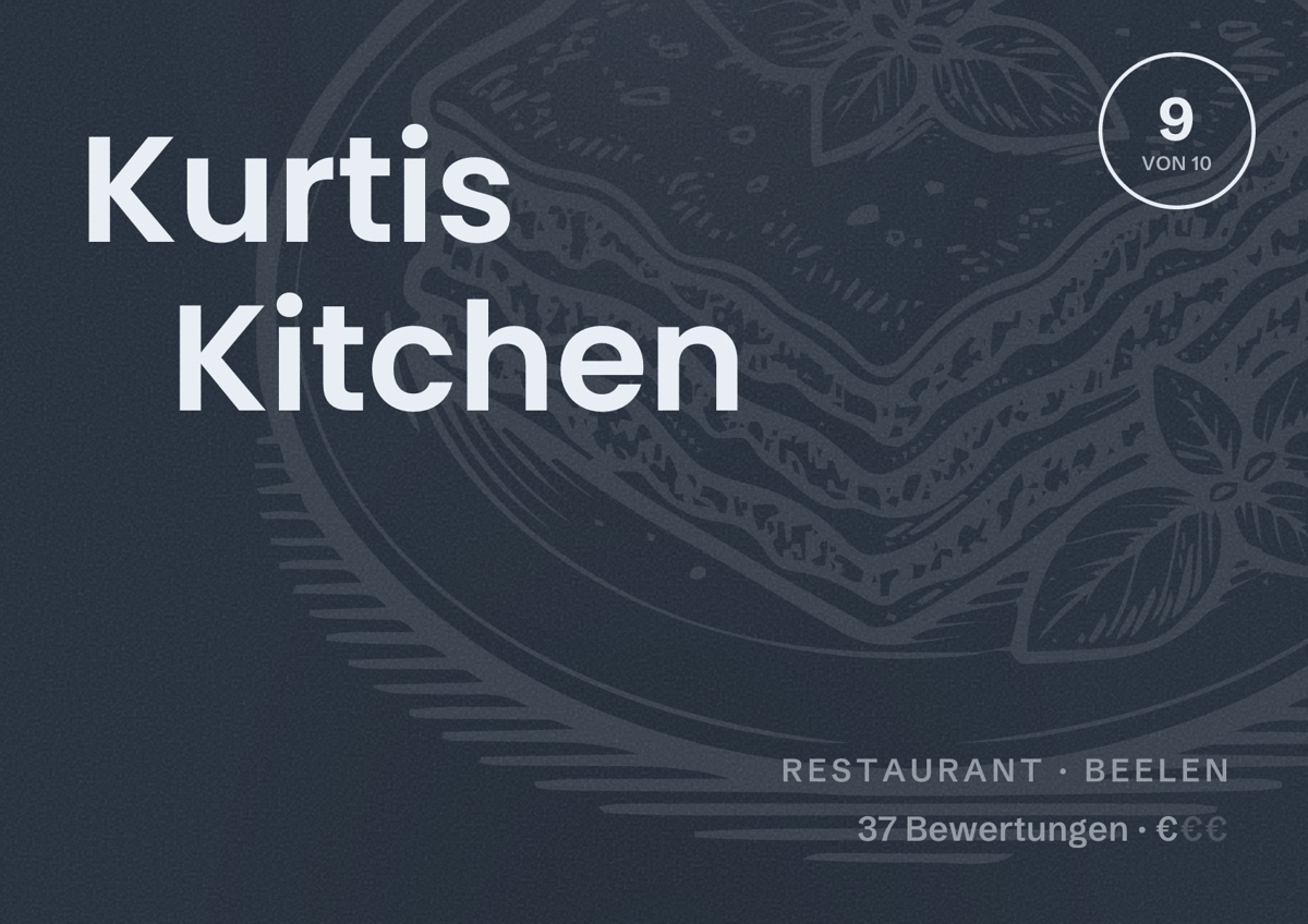 Illustriertes Poster von Kurtis Kitchen, Restaurant in Beelen: Bewertung 9 von 10 aus 37 Bewertungen, Preisniveau €