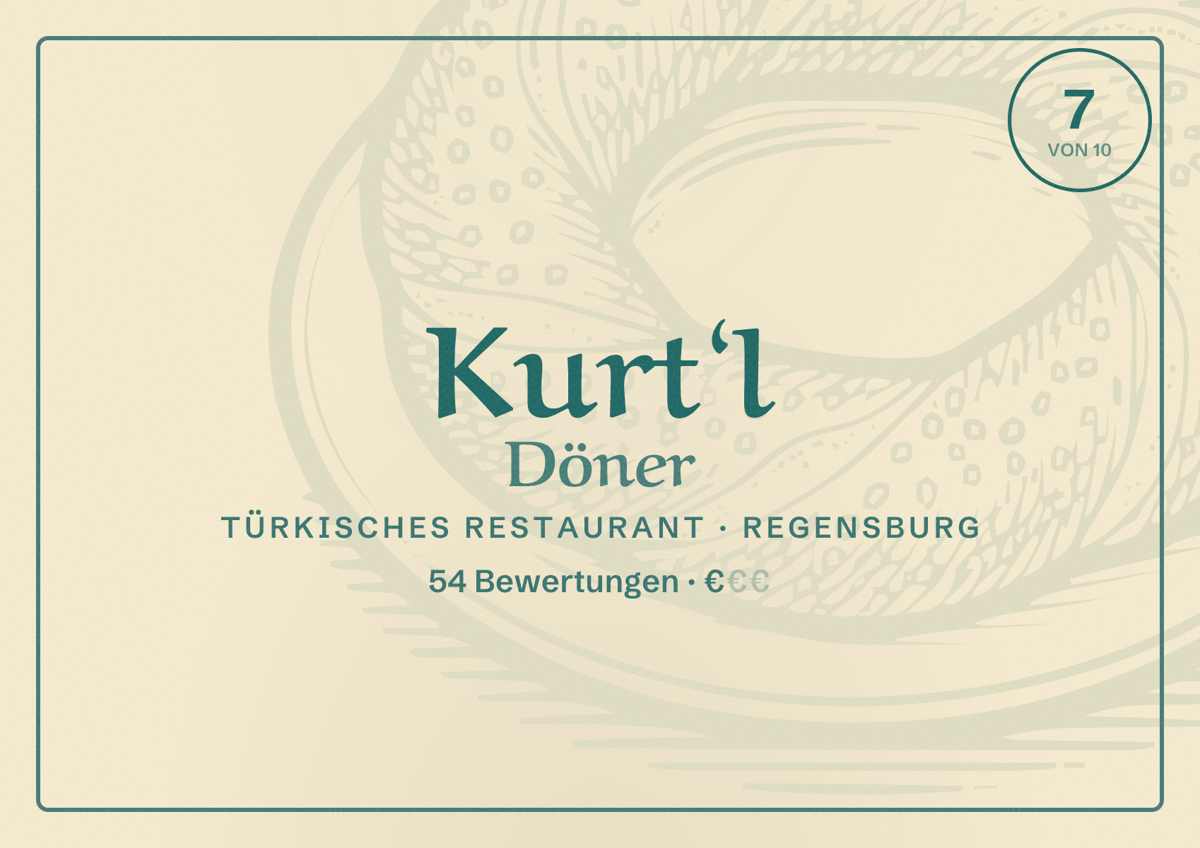 Illustriertes Poster von Kurt‘l Döner, Türkisches Restaurant in Regensburg: Bewertung 7 von 10 aus 54 Bewertungen, Preisniveau €