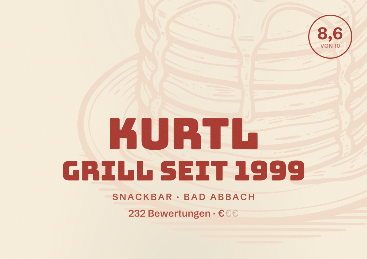 Illustriertes Poster von Kurtl Grill seit 1999, Snackbar in Bad Abbach: Bewertung 8,6 von 10 aus 232 Bewertungen, Preisniveau €