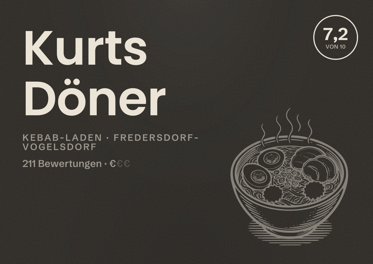 Illustriertes Poster von Kurts Döner, Kebab-Laden in Fredersdorf-Vogelsdorf: Bewertung 7,2 von 10 aus 211 Bewertungen, Preisniveau €