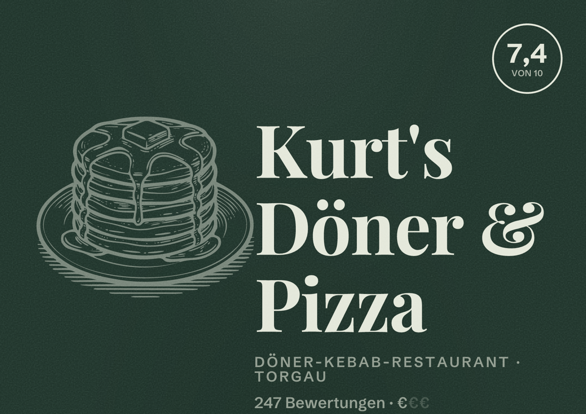 Illustriertes Poster von Kurt's Döner & Pizza, Döner-Kebab-Restaurant in Torgau: Bewertung 7,4 von 10 aus 247 Bewertungen, Preisniveau €