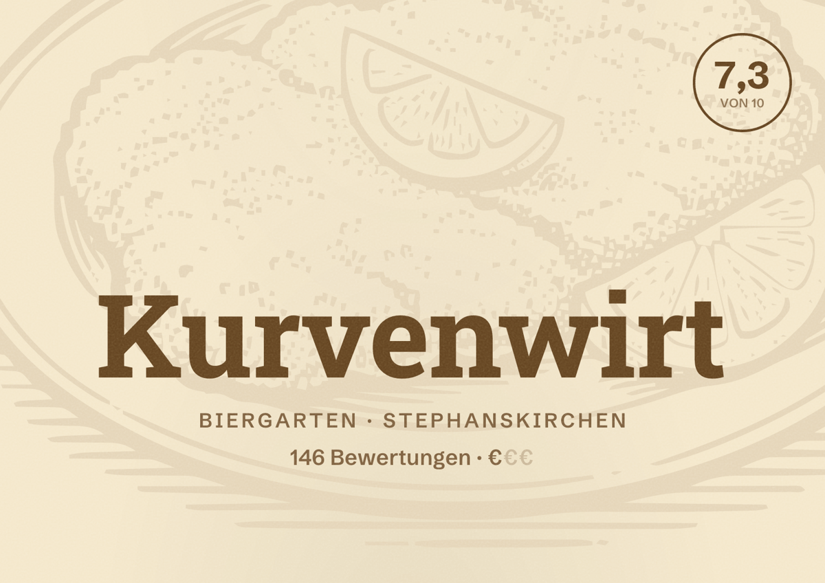 Illustriertes Poster von Kurvenwirt, Biergarten in Stephanskirchen: Bewertung 7,3 von 10 aus 146 Bewertungen, Preisniveau €
