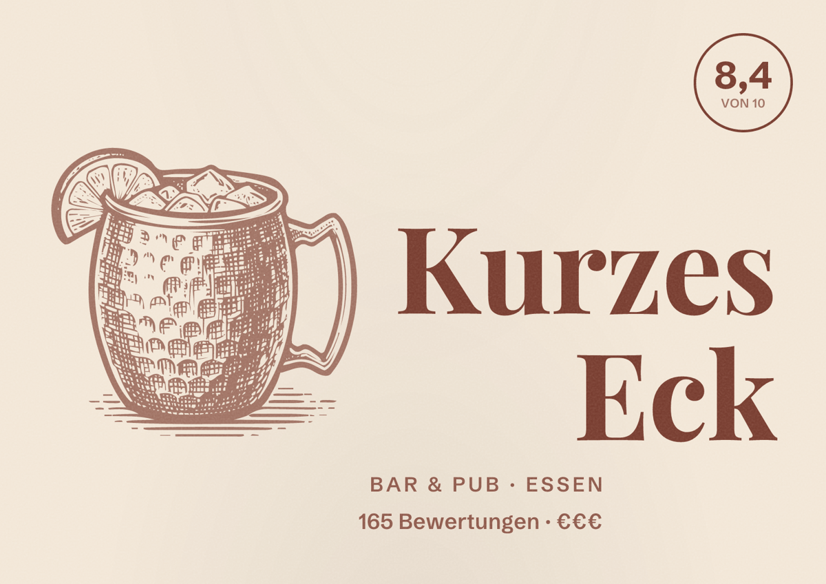 Illustriertes Poster von Kurzes Eck, Bar & Pub in Essen: Bewertung 8,4 von 10 aus 165 Bewertungen, Preisniveau €€€