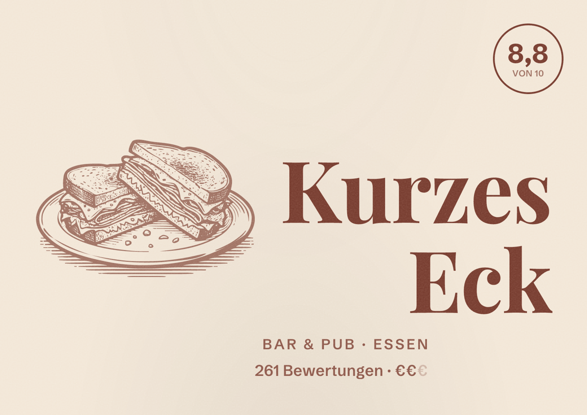 Illustriertes Poster von Kurzes Eck, Bar & Pub in Essen: Bewertung 8,8 von 10 aus 261 Bewertungen, Preisniveau €€