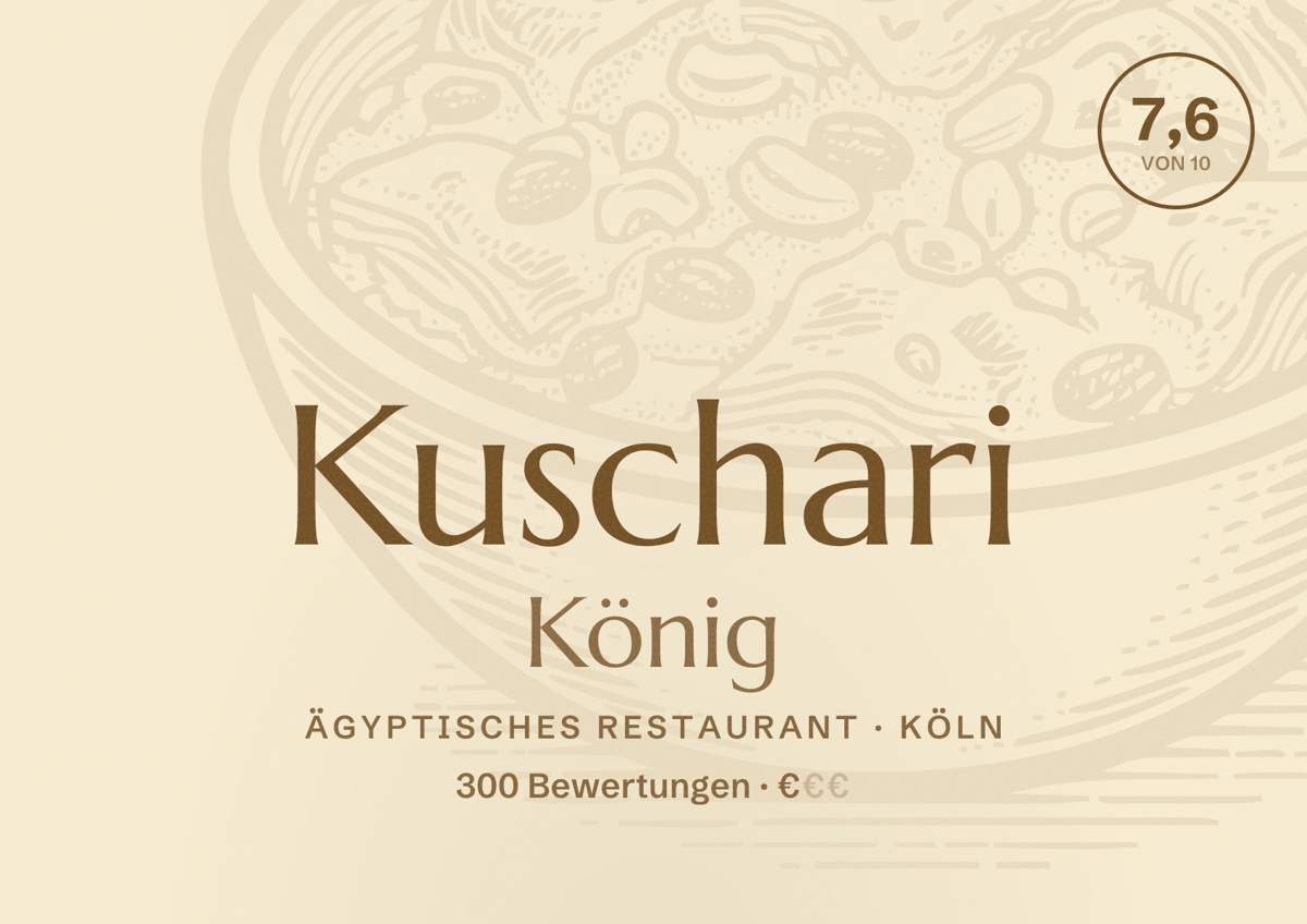Illustriertes Poster von Kuschari König, Ägyptisches Restaurant in Köln: Bewertung 7,6 von 10 aus 300 Bewertungen, Preisniveau €