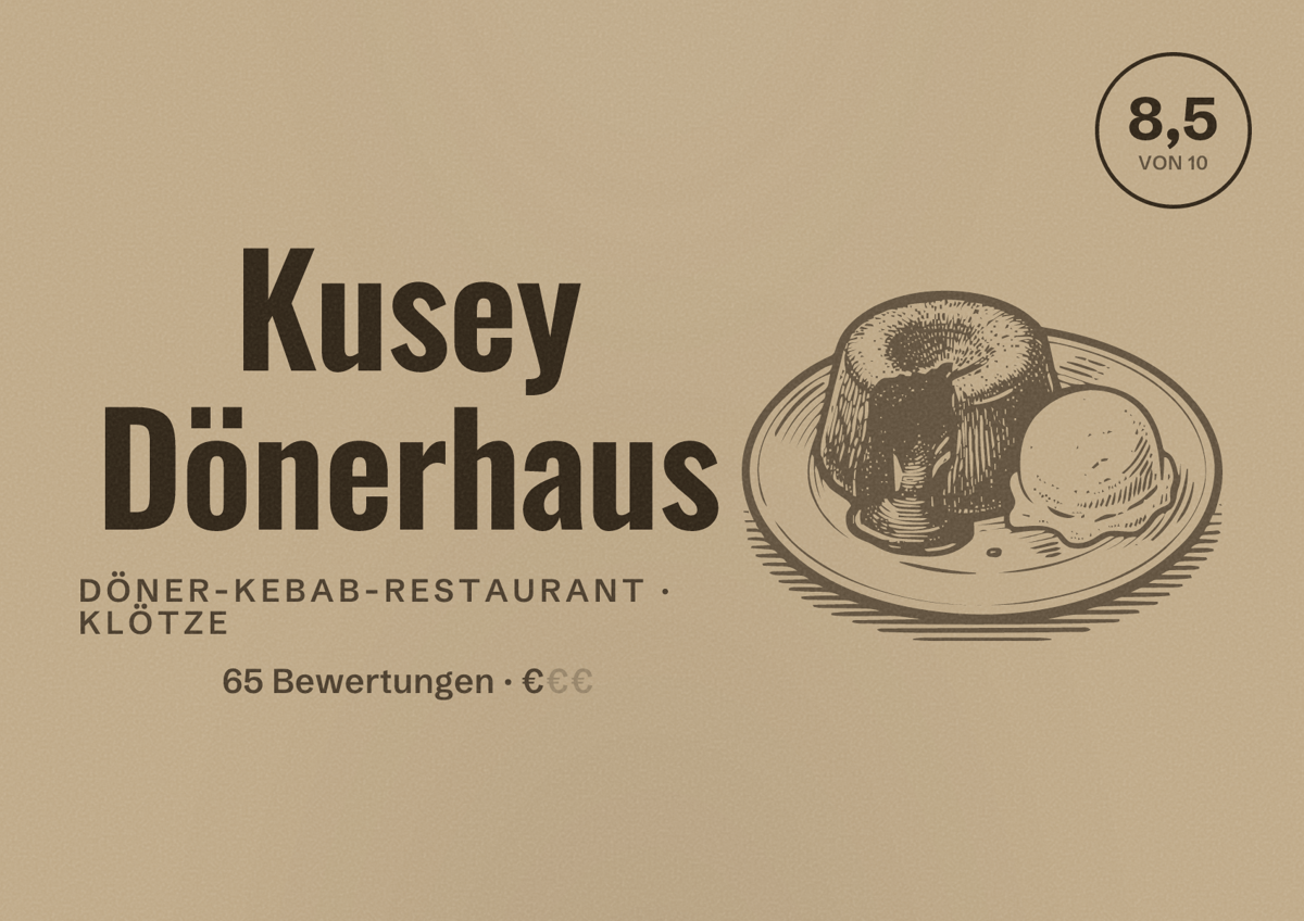 Illustriertes Poster von Kusey Dönerhaus, Döner-Kebab-Restaurant in Klötze: Bewertung 8,5 von 10 aus 65 Bewertungen, Preisniveau €
