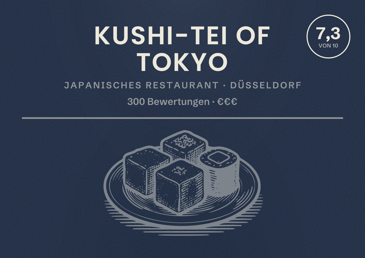 Illustriertes Poster von Kushi-Tei of Tokyo, Japanisches Restaurant in Düsseldorf: Bewertung 7,3 von 10 aus 300 Bewertungen, Preisniveau €€€