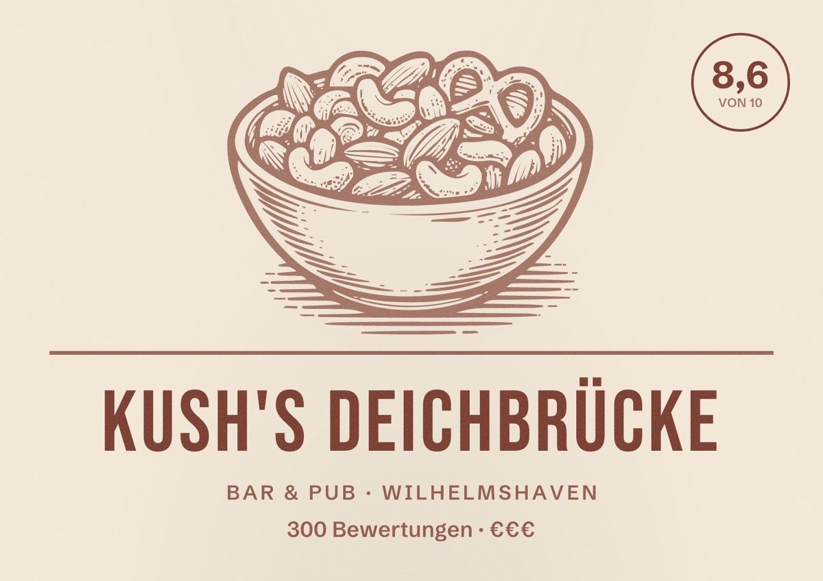 Illustriertes Poster von Kush's Deichbrücke, Bar & Pub in Wilhelmshaven: Bewertung 8,6 von 10 aus 300 Bewertungen, Preisniveau €€€