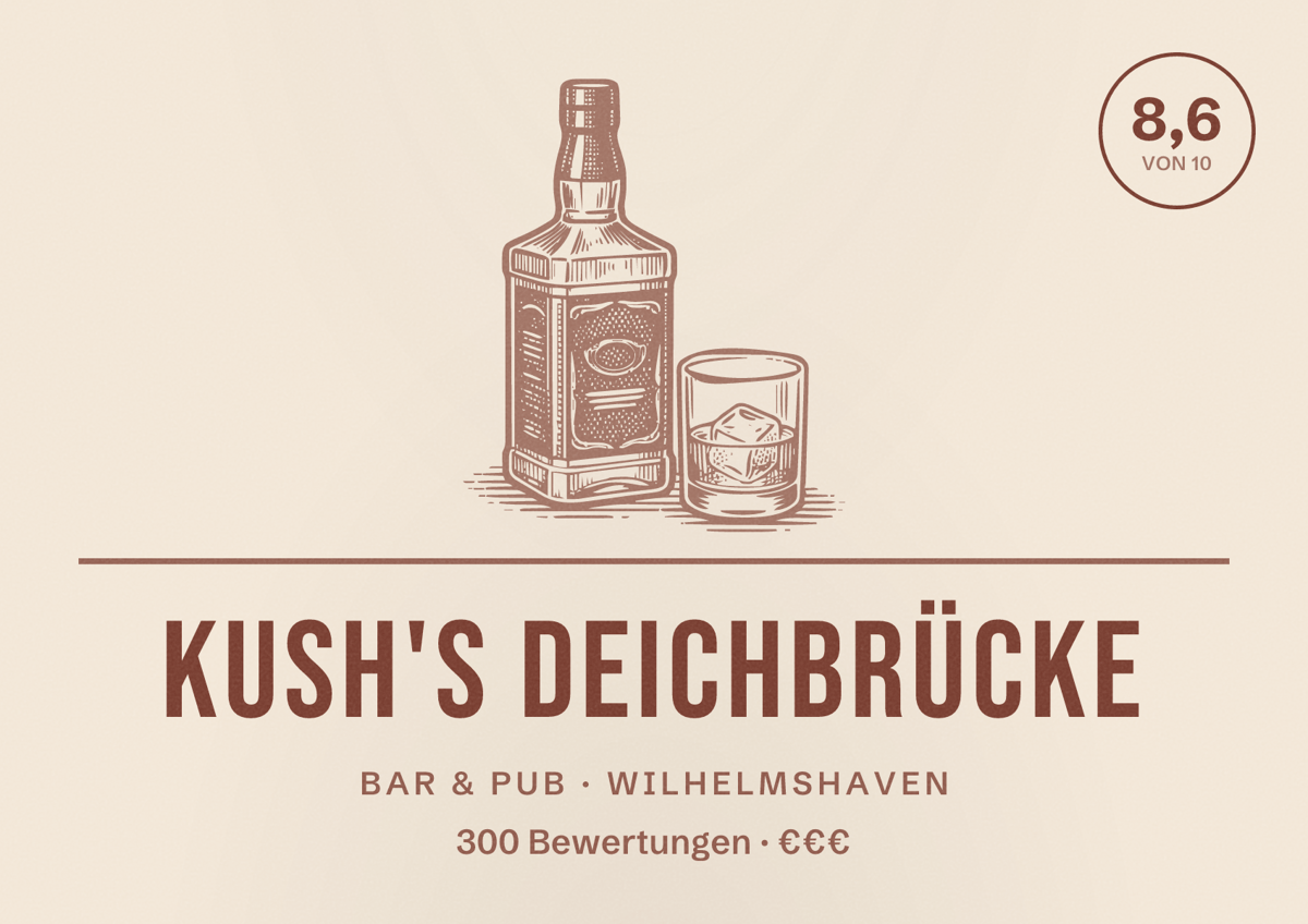 Illustriertes Poster von Kush's Deichbrücke, Bar & Pub in Wilhelmshaven: Bewertung 8,6 von 10 aus 300 Bewertungen, Preisniveau €€€