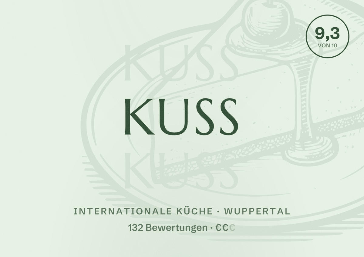 Illustriertes Poster von KUSS, Internationale Küche in Wuppertal: Bewertung 9,3 von 10 aus 132 Bewertungen, Preisniveau €€