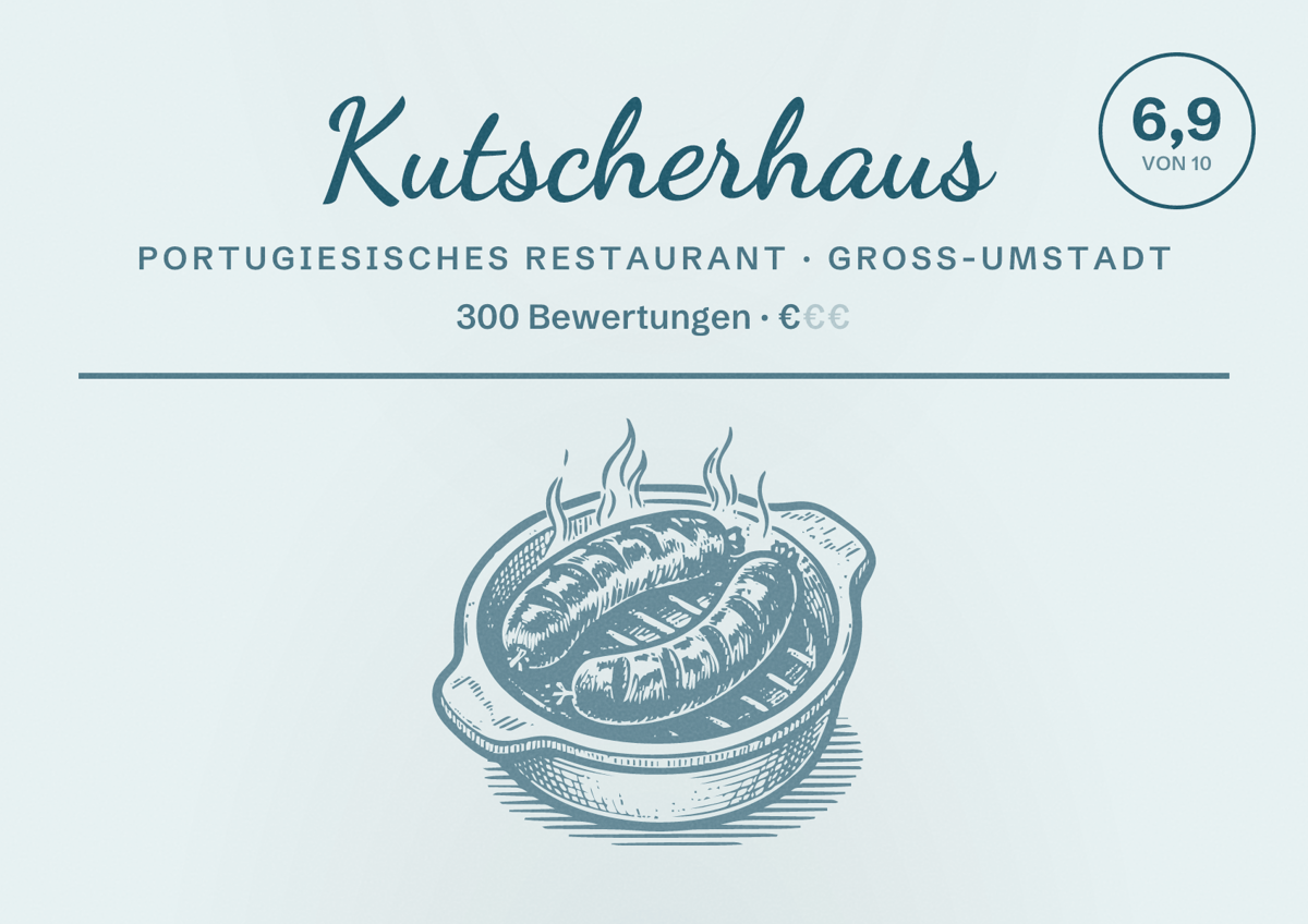 Illustriertes Poster von Kutscherhaus, Portugiesisches Restaurant in Groß-Umstadt: Bewertung 6,9 von 10 aus 300 Bewertungen, Preisniveau €
