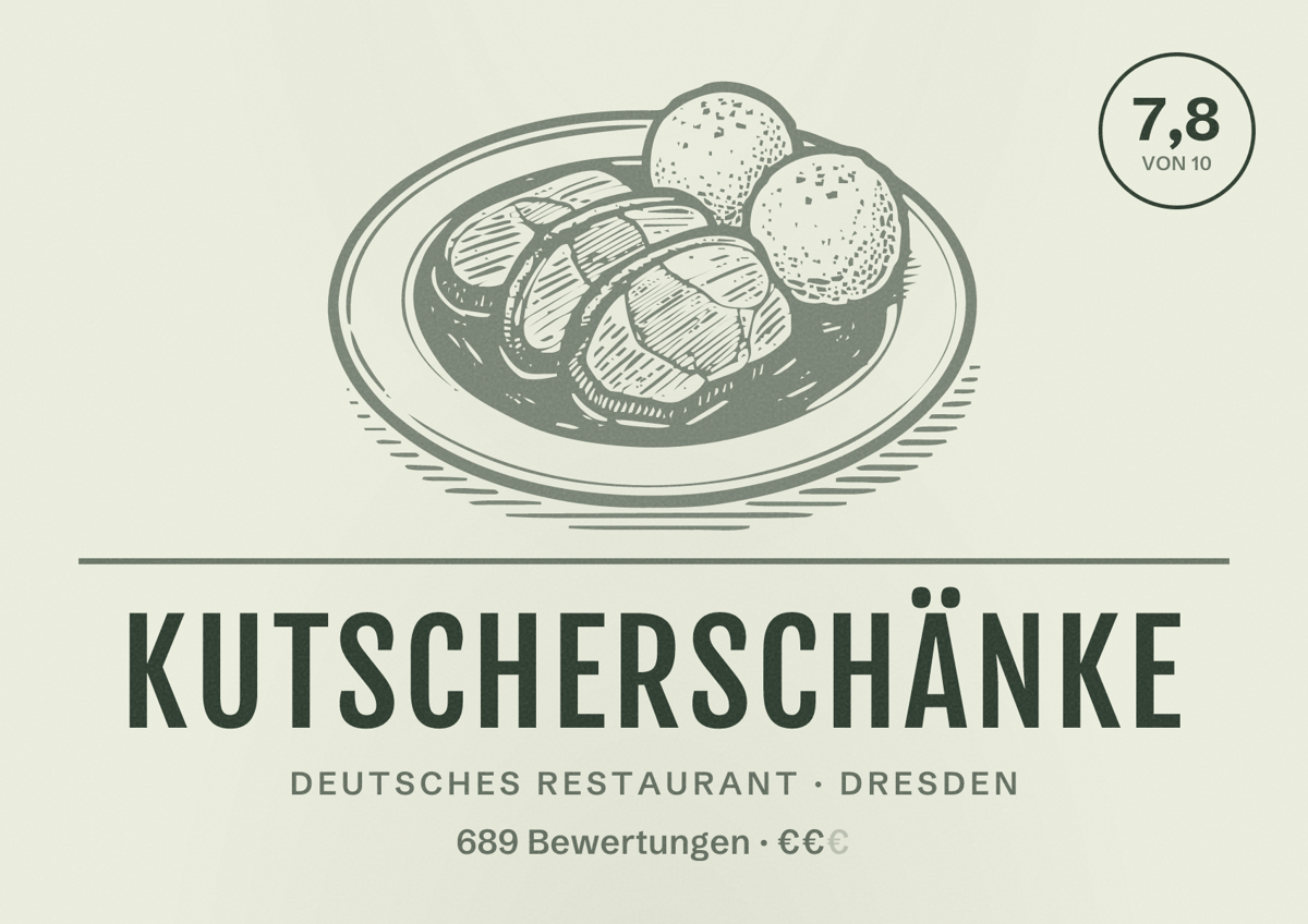 Illustriertes Poster von Kutscherschänke, Deutsches Restaurant in Dresden: Bewertung 7,8 von 10 aus 689 Bewertungen, Preisniveau €€