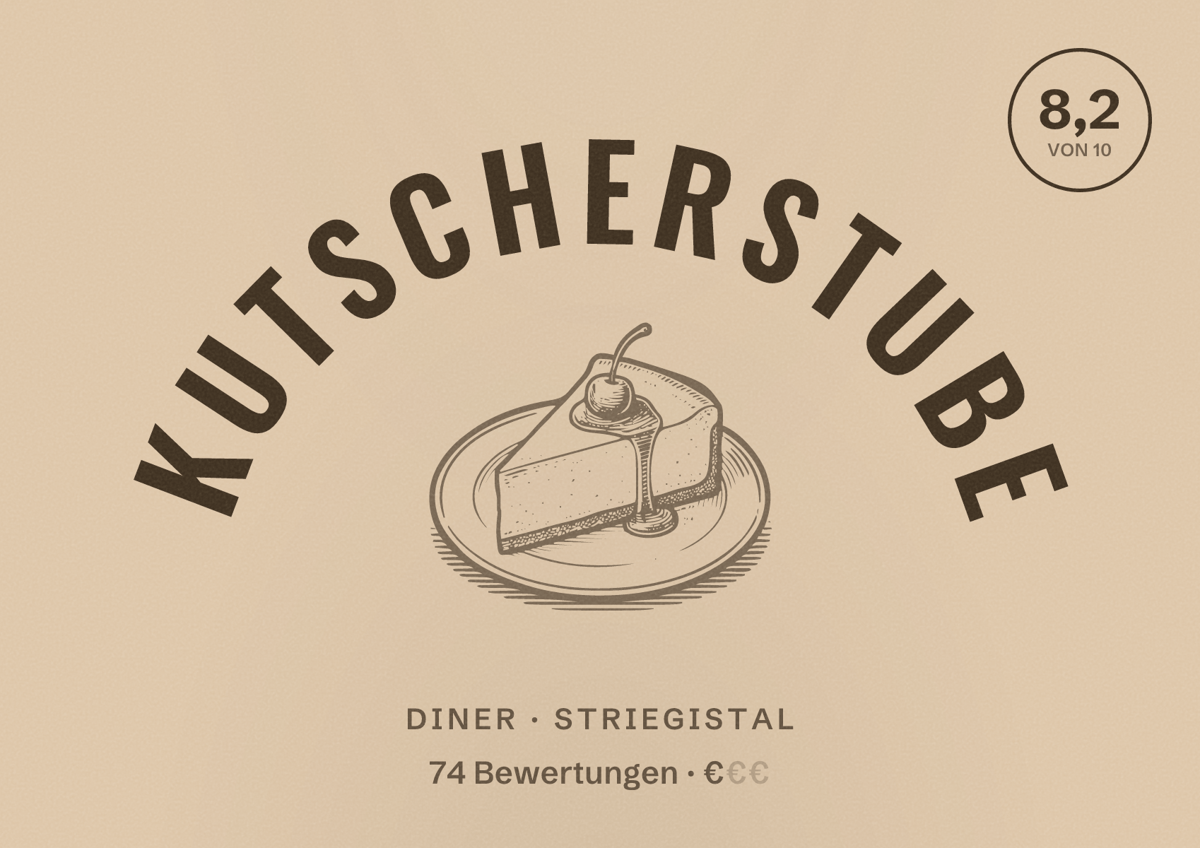 Illustriertes Poster von Kutscherstube, Diner in Striegistal: Bewertung 8,2 von 10 aus 74 Bewertungen, Preisniveau €