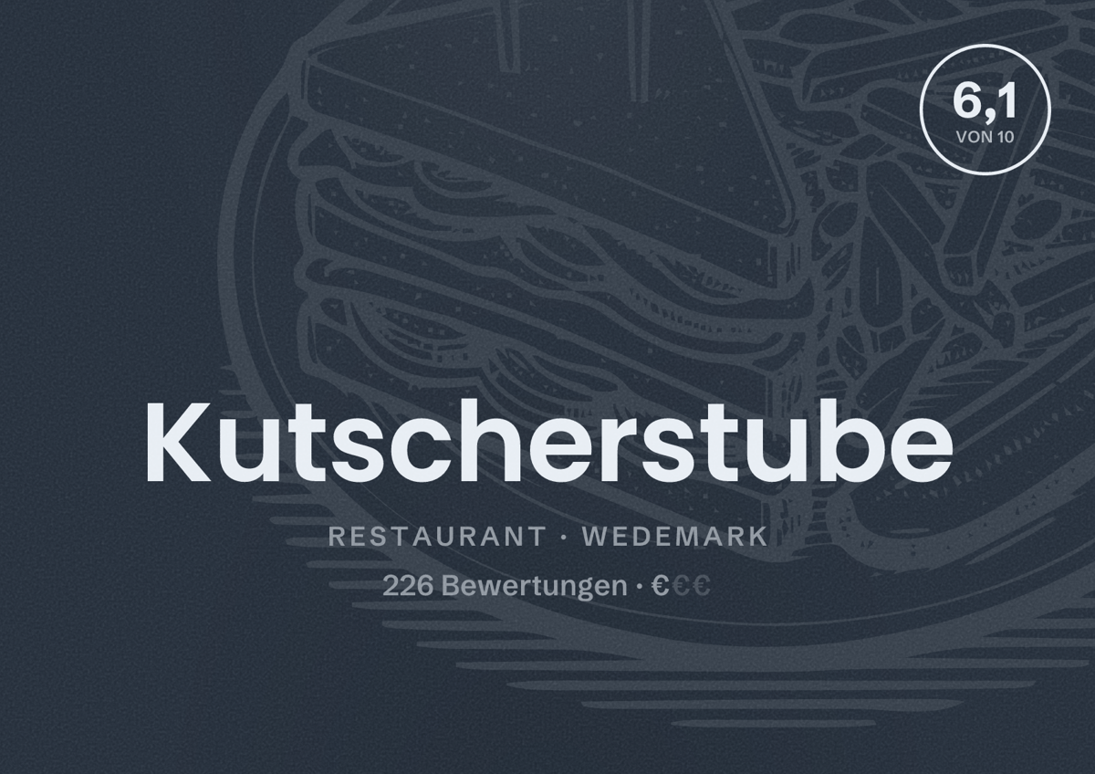 Illustriertes Poster von Kutscherstube, Restaurant in Wedemark: Bewertung 6,1 von 10 aus 226 Bewertungen, Preisniveau €