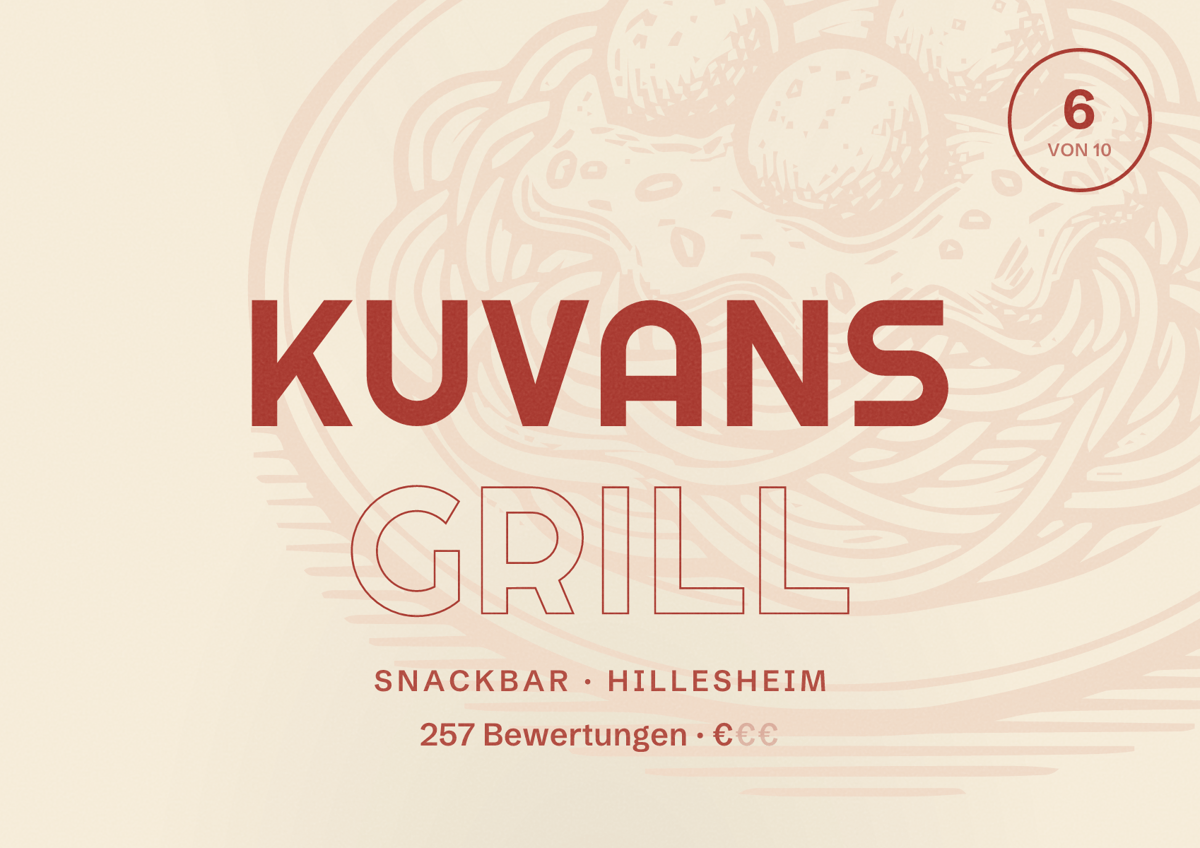 Illustriertes Poster von Kuvans Grill, Snackbar in Hillesheim: Bewertung 6 von 10 aus 257 Bewertungen, Preisniveau €
