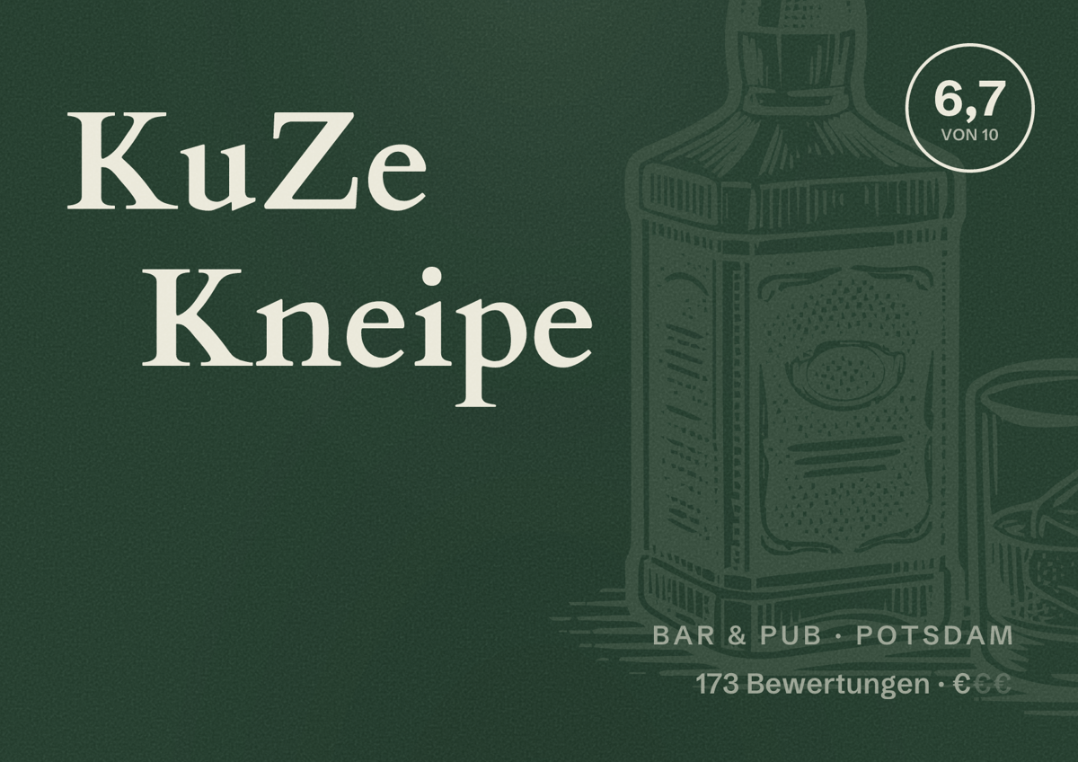 Illustriertes Poster von KuZe Kneipe, Bar & Pub in Potsdam: Bewertung 6,7 von 10 aus 173 Bewertungen, Preisniveau €