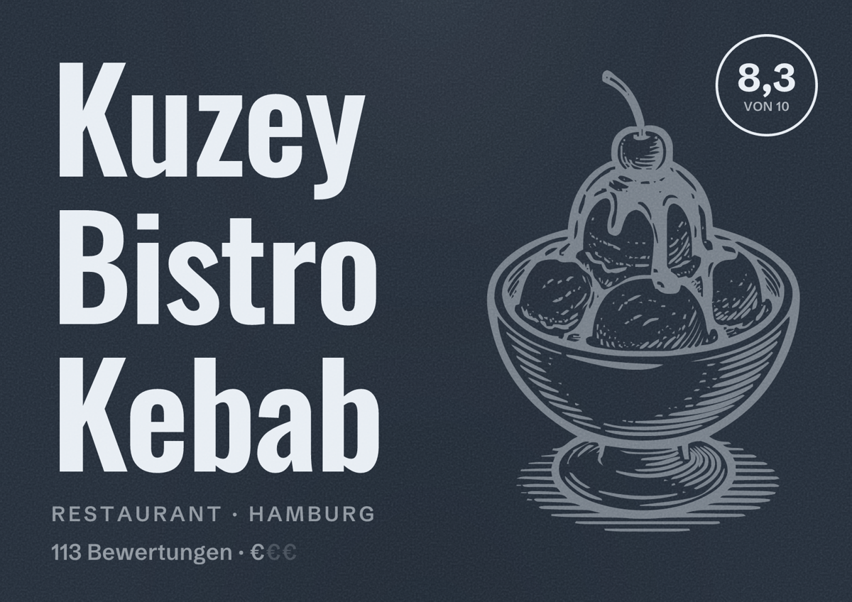 Illustriertes Poster von Kuzey Bistro Kebab, Restaurant in Hamburg: Bewertung 8,3 von 10 aus 113 Bewertungen, Preisniveau €