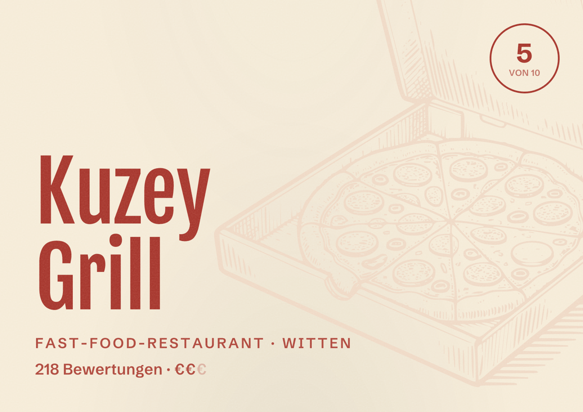 Illustriertes Poster von Kuzey Grill, Fast-Food-Restaurant in Witten: Bewertung 5 von 10 aus 218 Bewertungen, Preisniveau €€