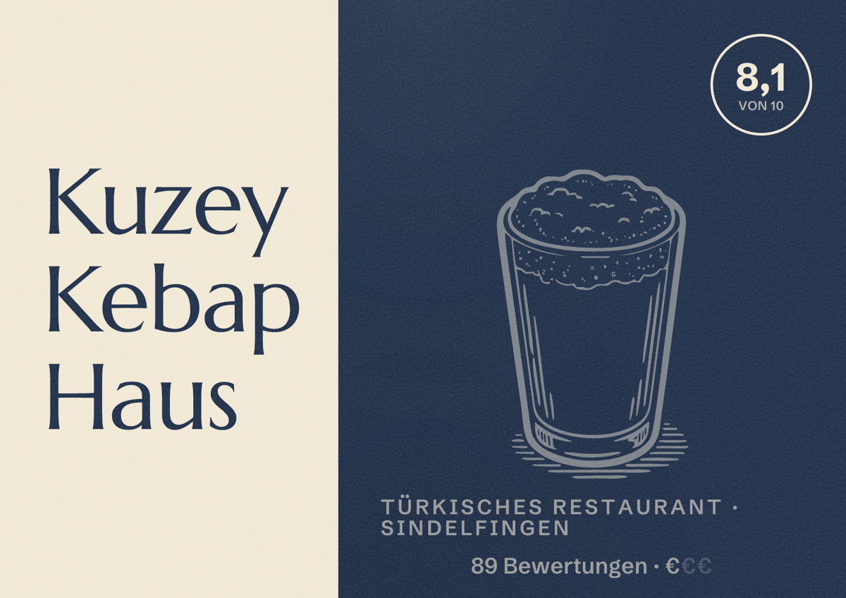Illustriertes Poster von Kuzey Kebap Haus, Türkisches Restaurant in Sindelfingen: Bewertung 8,1 von 10 aus 89 Bewertungen, Preisniveau €