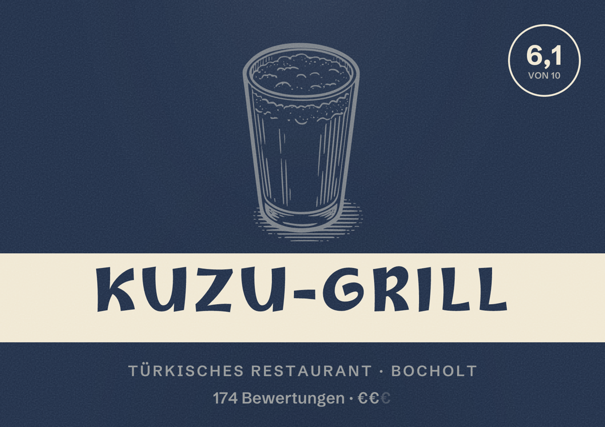 Illustriertes Poster von Kuzu-Grill, Türkisches Restaurant in Bocholt: Bewertung 6,1 von 10 aus 174 Bewertungen, Preisniveau €€