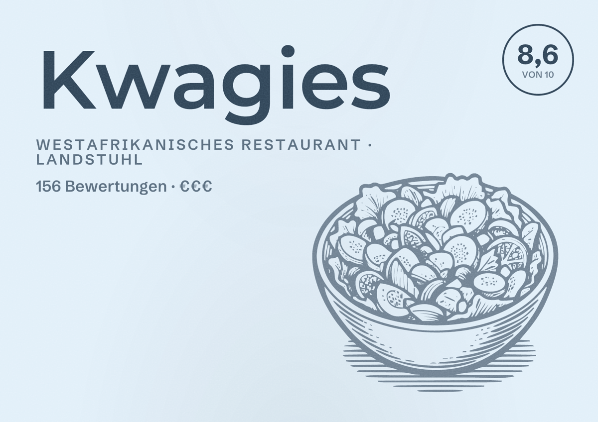 Illustriertes Poster von Kwagies, Westafrikanisches Restaurant in Landstuhl: Bewertung 8,6 von 10 aus 156 Bewertungen, Preisniveau €€€