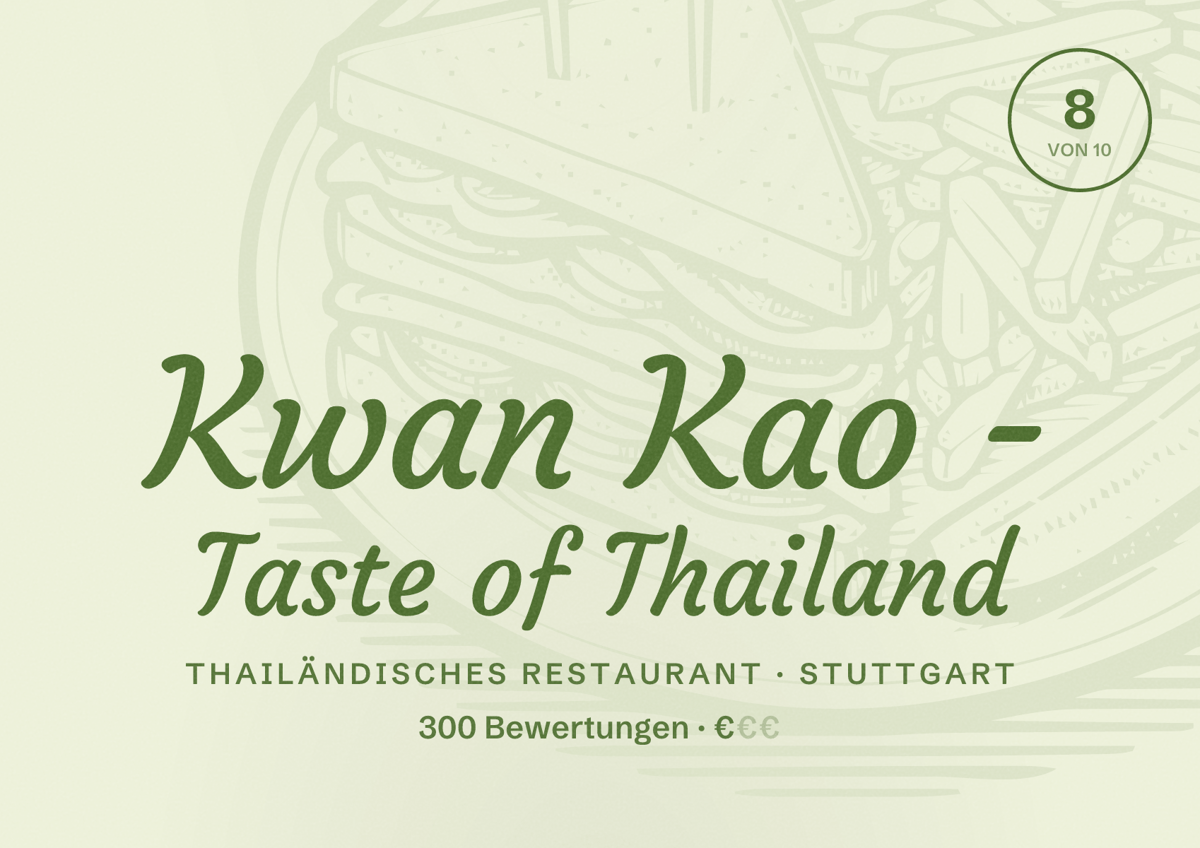 Illustriertes Poster von Kwan Kao - Taste of Thailand, Thailändisches Restaurant in Stuttgart: Bewertung 8,0 von 10 aus 300 Bewertungen, Preisniveau €