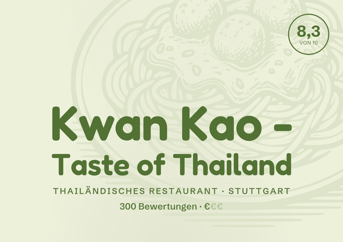 Illustriertes Poster von Kwan Kao - Taste of Thailand, Thailändisches Restaurant in Stuttgart: Bewertung 8,3 von 10 aus 300 Bewertungen, Preisniveau €
