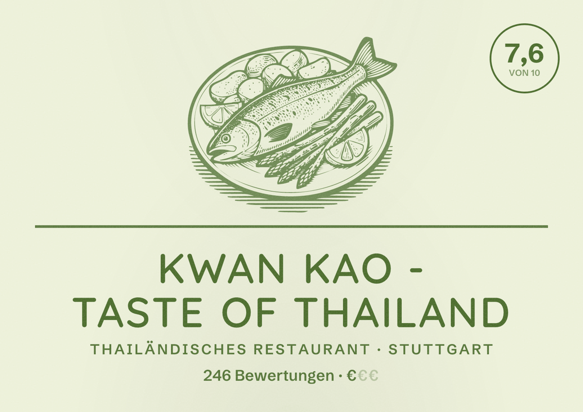 Illustriertes Poster von Kwan Kao - Taste of Thailand, Thailändisches Restaurant in Stuttgart: Bewertung 7,6 von 10 aus 246 Bewertungen, Preisniveau €