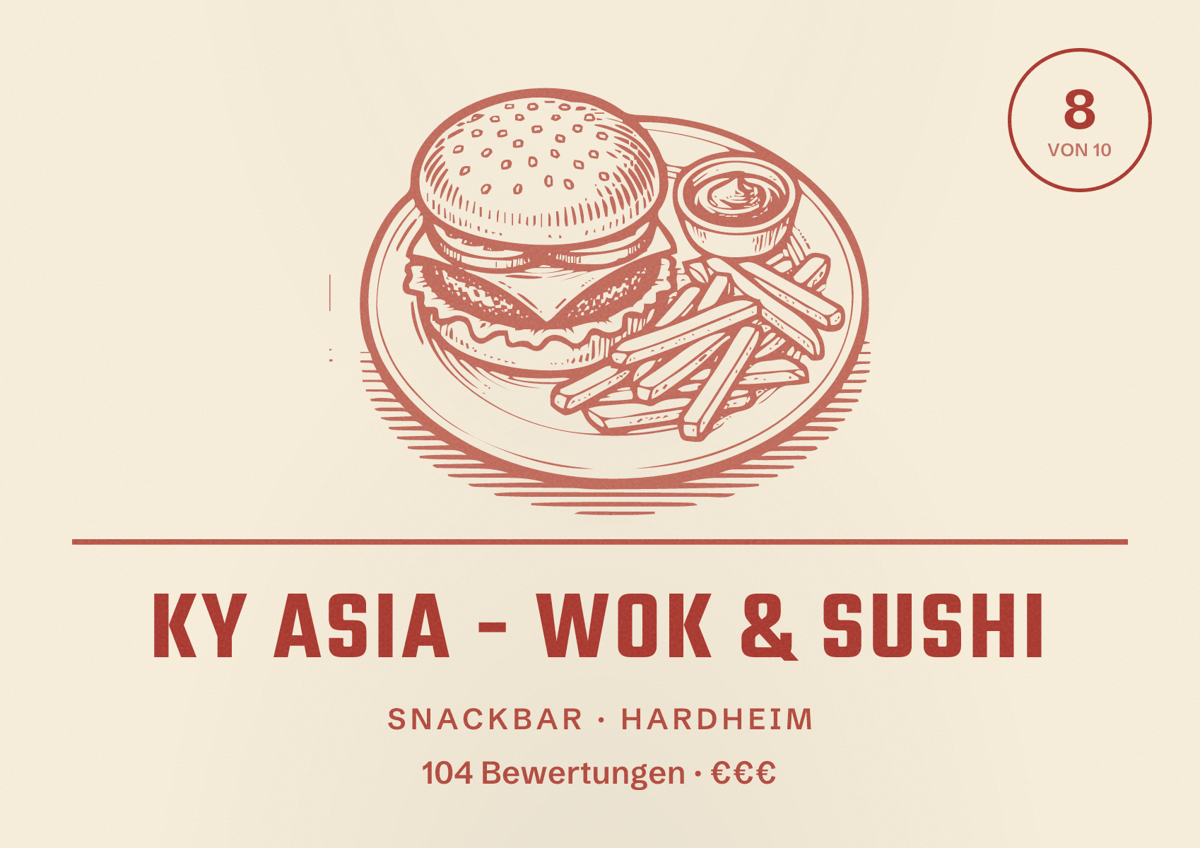 Illustriertes Poster von Ky Asia - Wok & Sushi, Snackbar in Hardheim: Bewertung 8 von 10 aus 104 Bewertungen, Preisniveau €€€