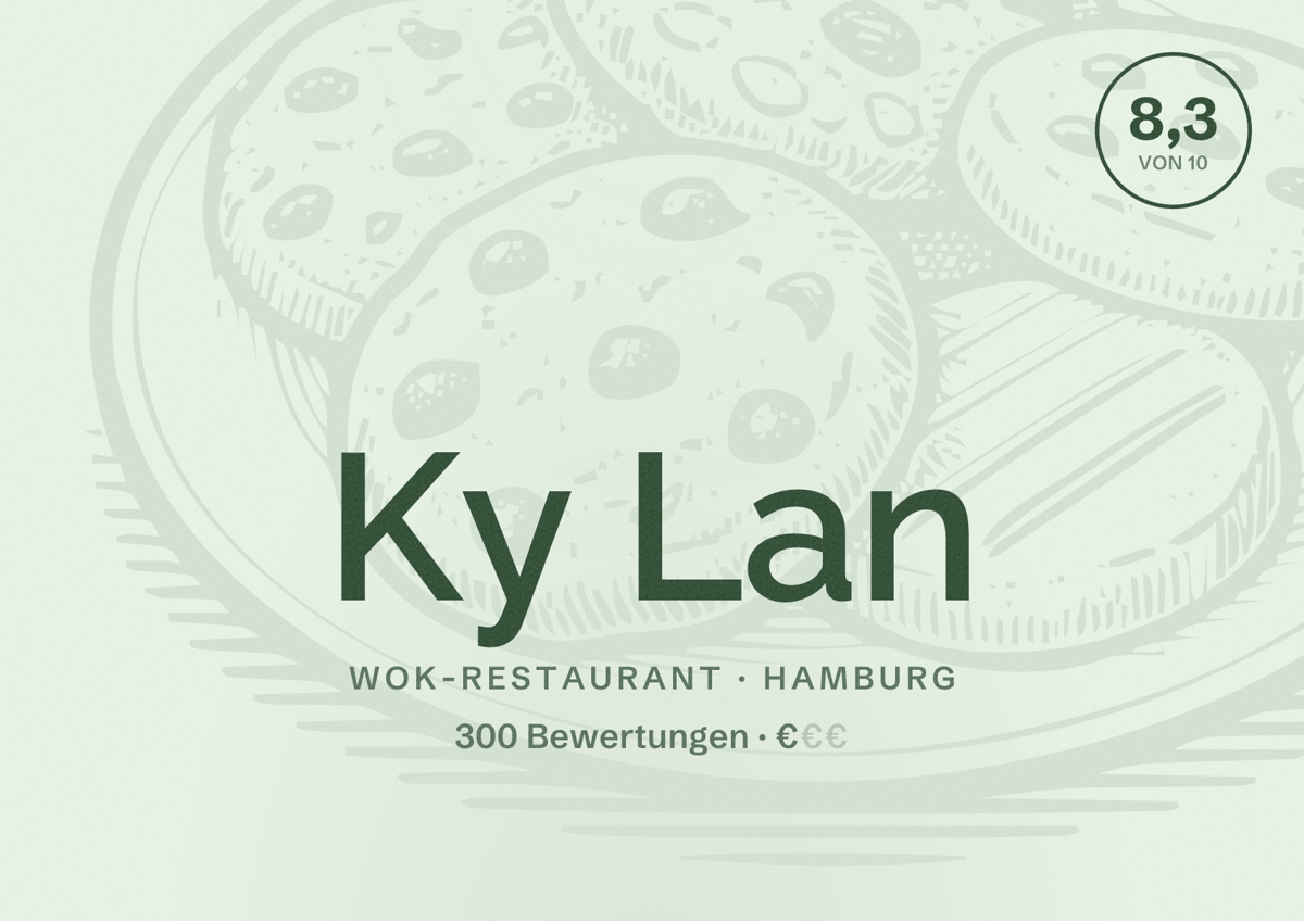 Illustriertes Poster von Ky Lan, Wok-Restaurant in Hamburg: Bewertung 8,3 von 10 aus 300 Bewertungen, Preisniveau €