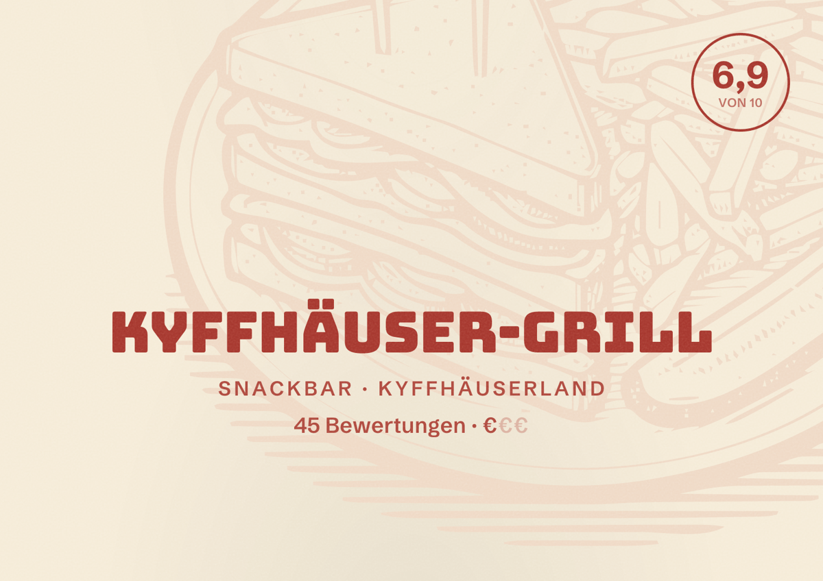 Illustriertes Poster von Kyffhäuser-Grill, Snackbar in Kyffhäuserland: Bewertung 6,9 von 10 aus 45 Bewertungen, Preisniveau €