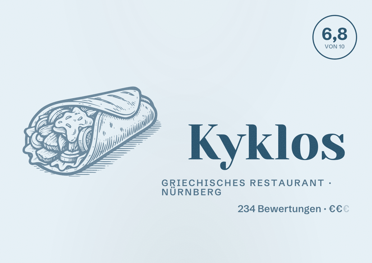 Illustriertes Poster von Kyklos, Griechisches Restaurant in Nürnberg: Bewertung 6,8 von 10 aus 234 Bewertungen, Preisniveau €€