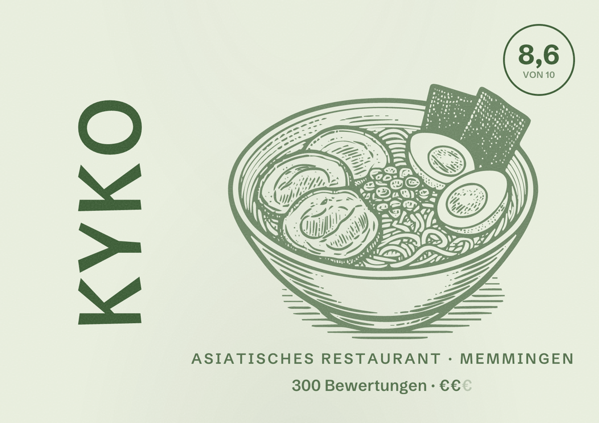 Illustriertes Poster von KYKO, Asiatisches Restaurant in Memmingen: Bewertung 8,6 von 10 aus 300 Bewertungen, Preisniveau €€