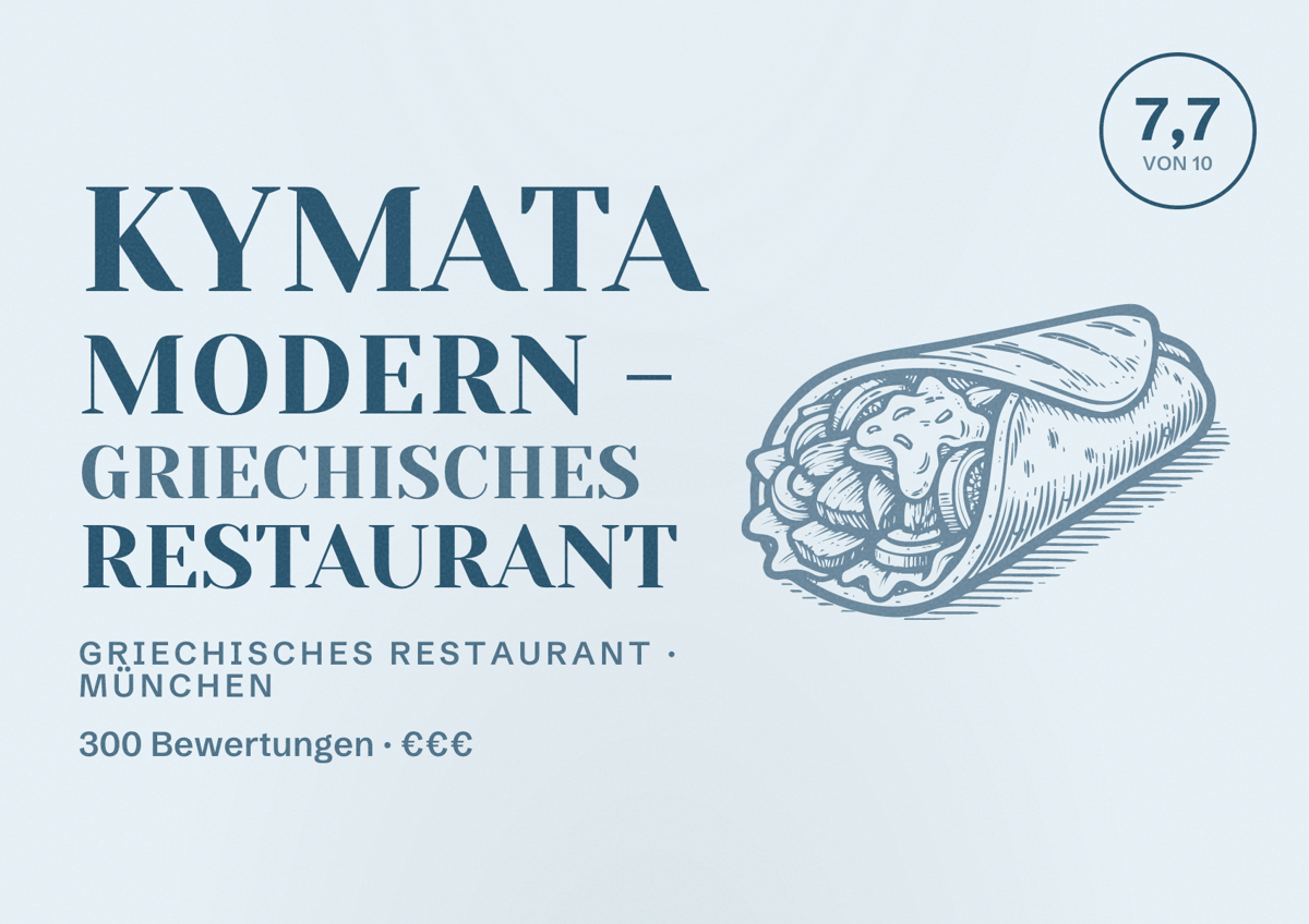 Illustriertes Poster von Kymata Modern - Griechisches Restaurant, Griechisches Restaurant in München: Bewertung 7,7 von 10 aus 300 Bewertungen, Preisniveau €€€