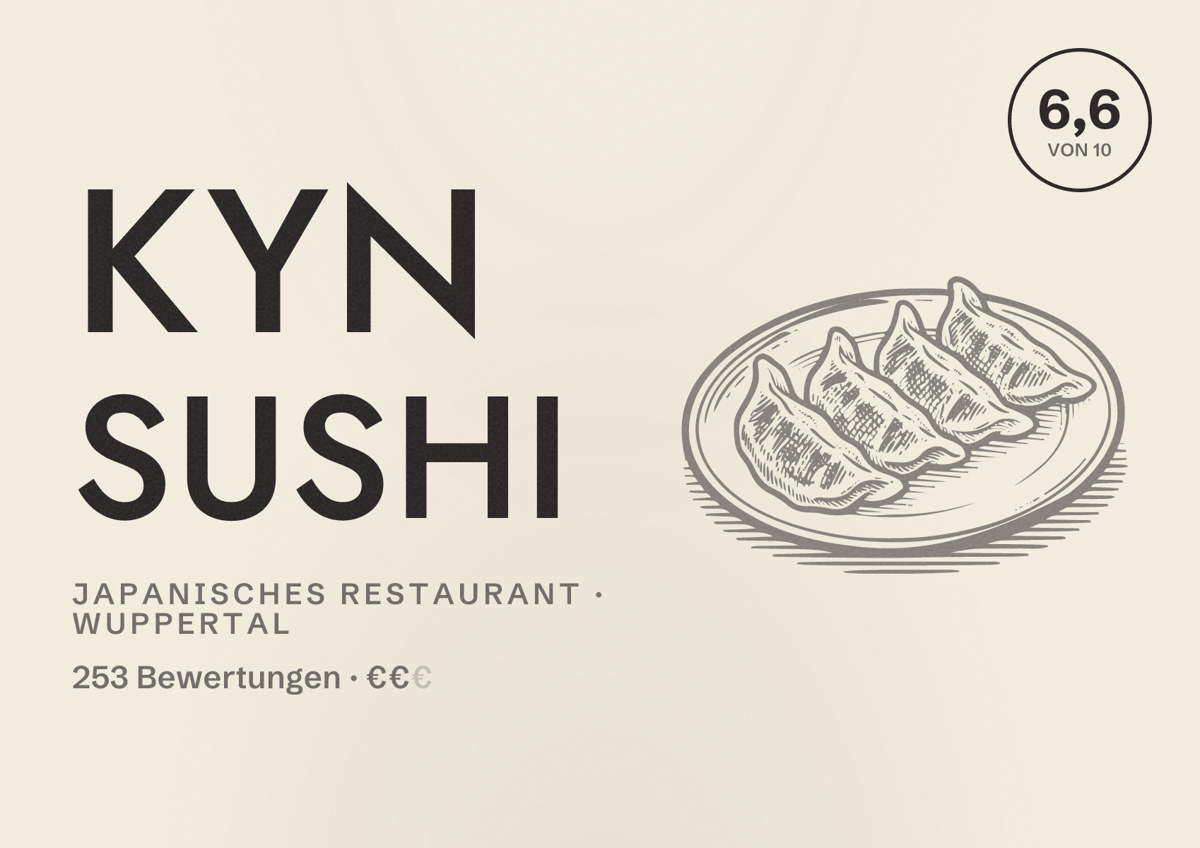 Illustriertes Poster von Kyn Sushi, Japanisches Restaurant in Wuppertal: Gästebewertung 6,6 von 10 aus 253 Bewertungen