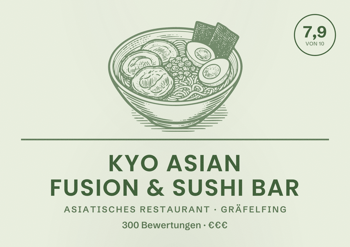 Illustriertes Poster von Kyo Asian Fusion & Sushi Bar, Asiatisches Restaurant in Gräfelfing: Bewertung 7,9 von 10 aus 300 Bewertungen, Preisniveau €€€
