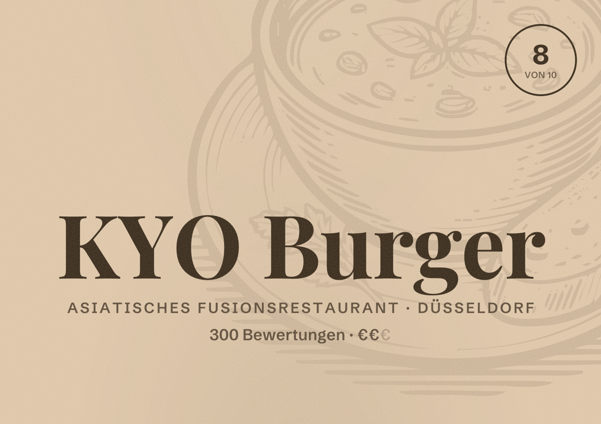 Illustriertes Poster von KYO Burger, Asiatisches Fusionsrestaurant in Düsseldorf: Bewertung 8,0 von 10 aus 300 Bewertungen, Preisniveau €€