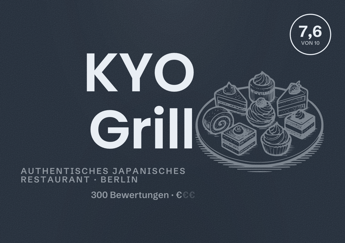 Illustriertes Poster von KYO Grill, Authentisches japanisches Restaurant in Berlin: Bewertung 7,6 von 10 aus 300 Bewertungen, Preisniveau €