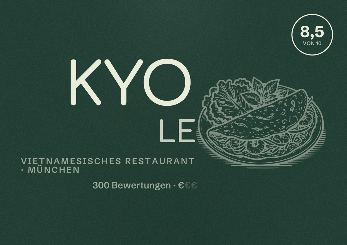 Illustriertes Poster von KYO LE, Vietnamesisches Restaurant in München: Bewertung 8,5 von 10 aus 300 Bewertungen, Preisniveau €