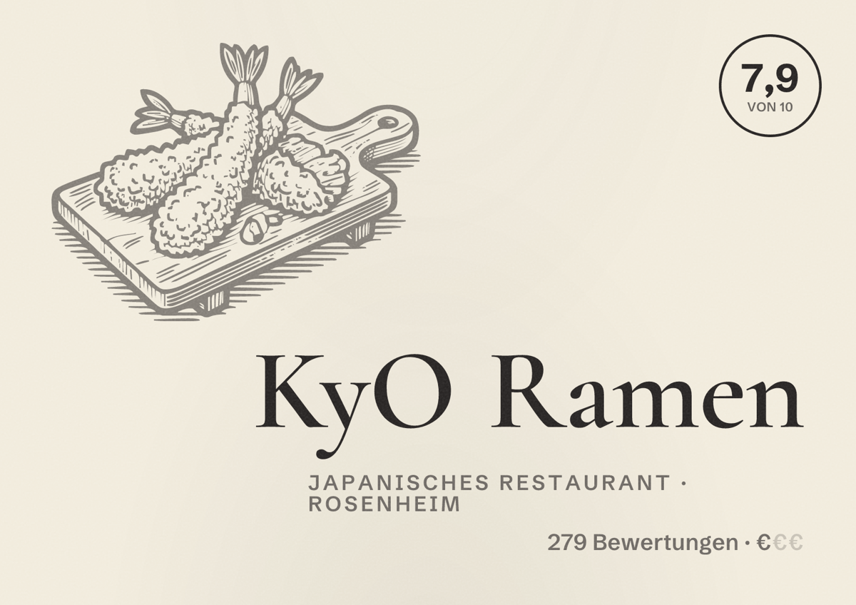Illustriertes Poster von KyO Ramen, Japanisches Restaurant in Rosenheim: Bewertung 7,9 von 10 aus 279 Bewertungen, Preisniveau €