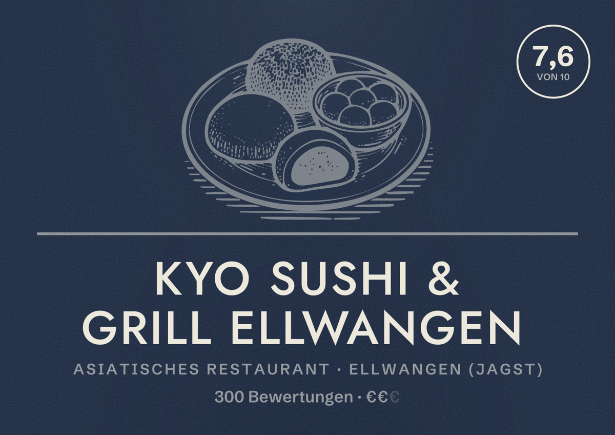 Illustriertes Poster von Kyo Sushi & Grill Ellwangen, Asiatisches Restaurant in Ellwangen (Jagst): Bewertung 7,6 von 10 aus 300 Bewertungen, Preisniveau €€